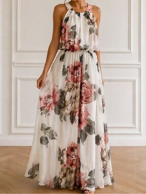 Robbie Bee Floral Maxi Dress 20W White Blush Sleeveless NWT Flowy